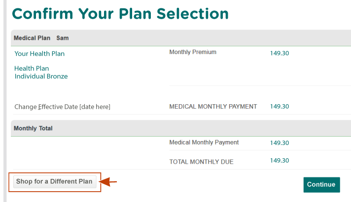 Confirm Your Plan Selection screen with the Shop for a Different Plan button highlighted.