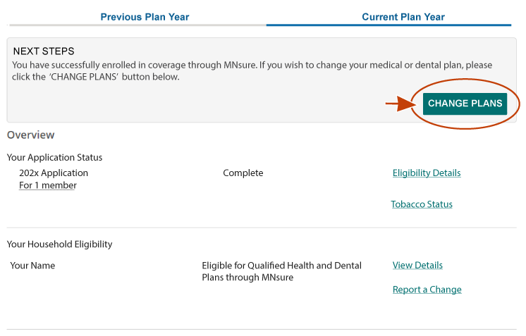 example dashboard with Next Steps and Change Plans button highlighted