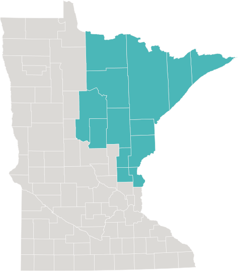 Map of Minnesota highlighting the northeastern counties of Aitkin, Carlton, Cass, Chisago, Cook, Crow Wing, Isanti, Itasca, Kanabec, Koochiching, Lake, Pine and Saint Louis.