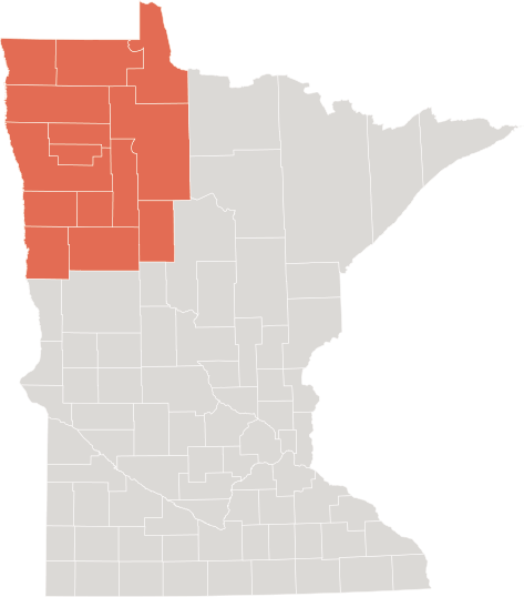 Map of Minnesota highlighting the northwestern counties of Becker, Beltrami, Clay, Clearwater, Hubbard, Kittson, Lake of the Woods, Mahnomen, Marshall, Norman, Pennington, Polk, Red Lake and Roseau.