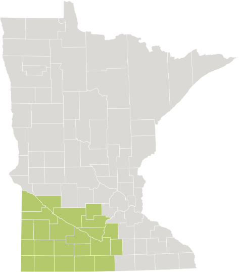 Map of Minnesota highlighting the southwestern counties Blue Earth, Brown, Chippewa, Cottonwood, Faribault, Jackson, Lac Qui Parle, Le Sueur, Lincoln, Lyon, Martin, McLeod, Murray, Nicollet, Nobles, Pipestone, Redwood, Renville, Rock, Sibley, Waseca, Watowan and Yellow Medicine.