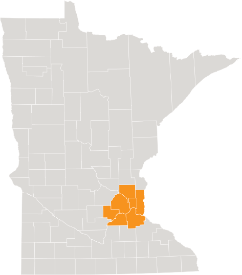 Map of Minnesota highlighting the Twin Cities metro counties of Anoka, Carver, Dakota, Hennepin, Ramsey, Scott and Washington.