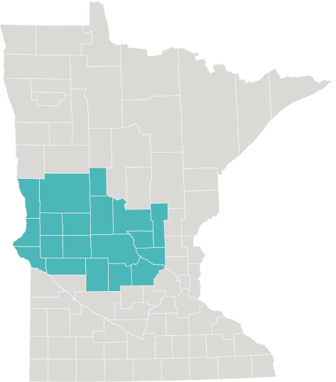 Map of Minnesota highlighting the West Central counties of Benton, Big Stone, Douglas, Grant, Kandiyohi, Meeker, Mille Lacs, Morrison, Otter Tail, Pope, Sherburne, Stearns, Stevens, Swift, Todd, Traverse, Wadena, Wilkin and Wright.