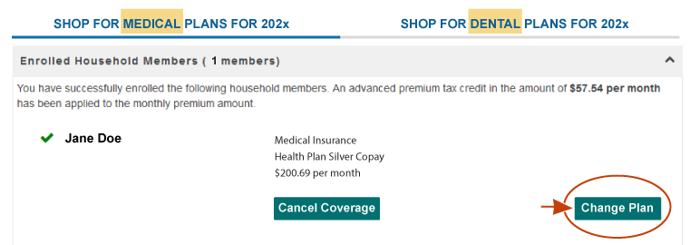 example dashboard the the Change Plan button highlighted on the Shop for Medical Plans tab